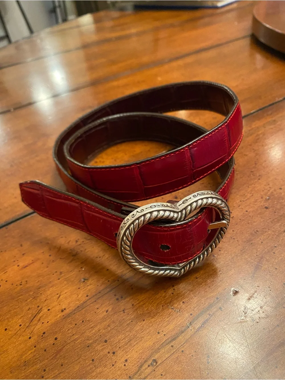Brighton Heart Buckle Leather Reversible Crock Embossed Belt. Brown and Red M/L